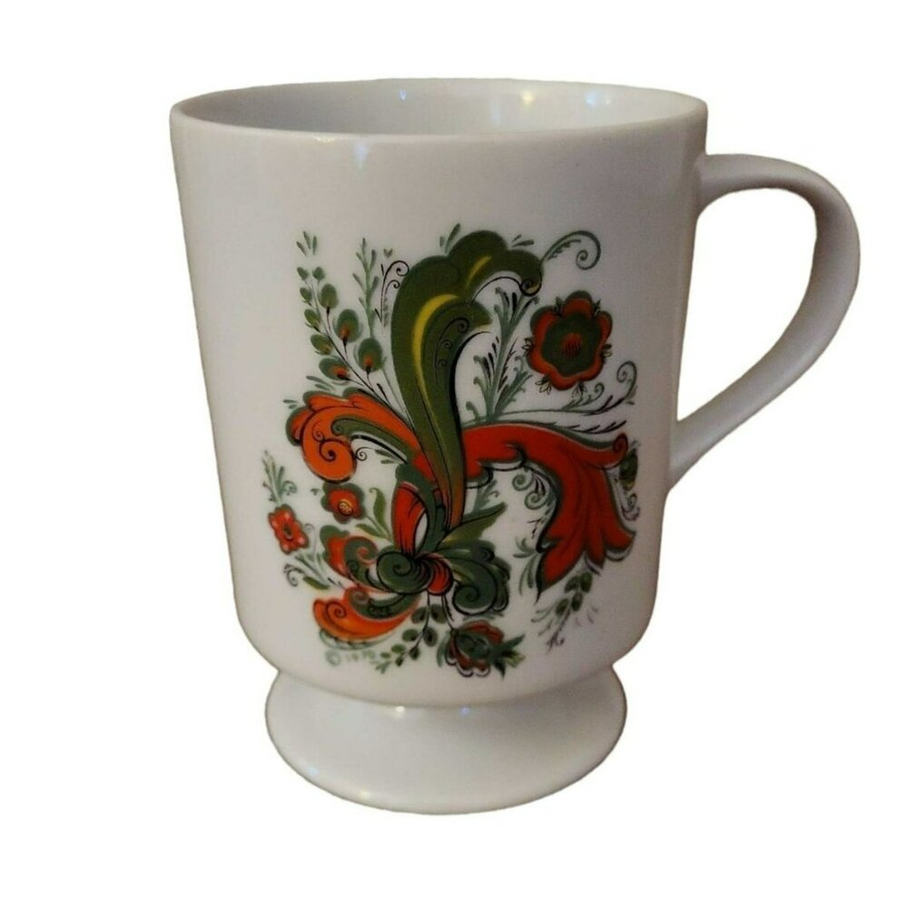Vintage Berggren Trayner Footed Coffee Mug With Rosemaling Design Scandinavian F